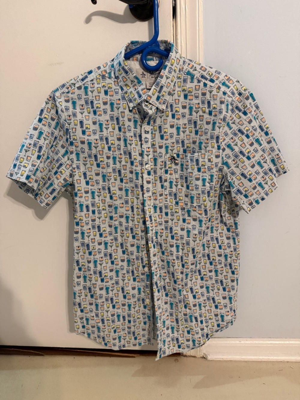 Original Penguin White Short-Sleeve Button-Down Shirt with Blue and Yellow Print